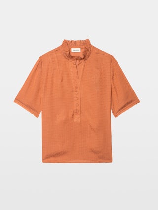 Topher Satin Top - ZV jacquard satin top with short sleeves and button fastening.