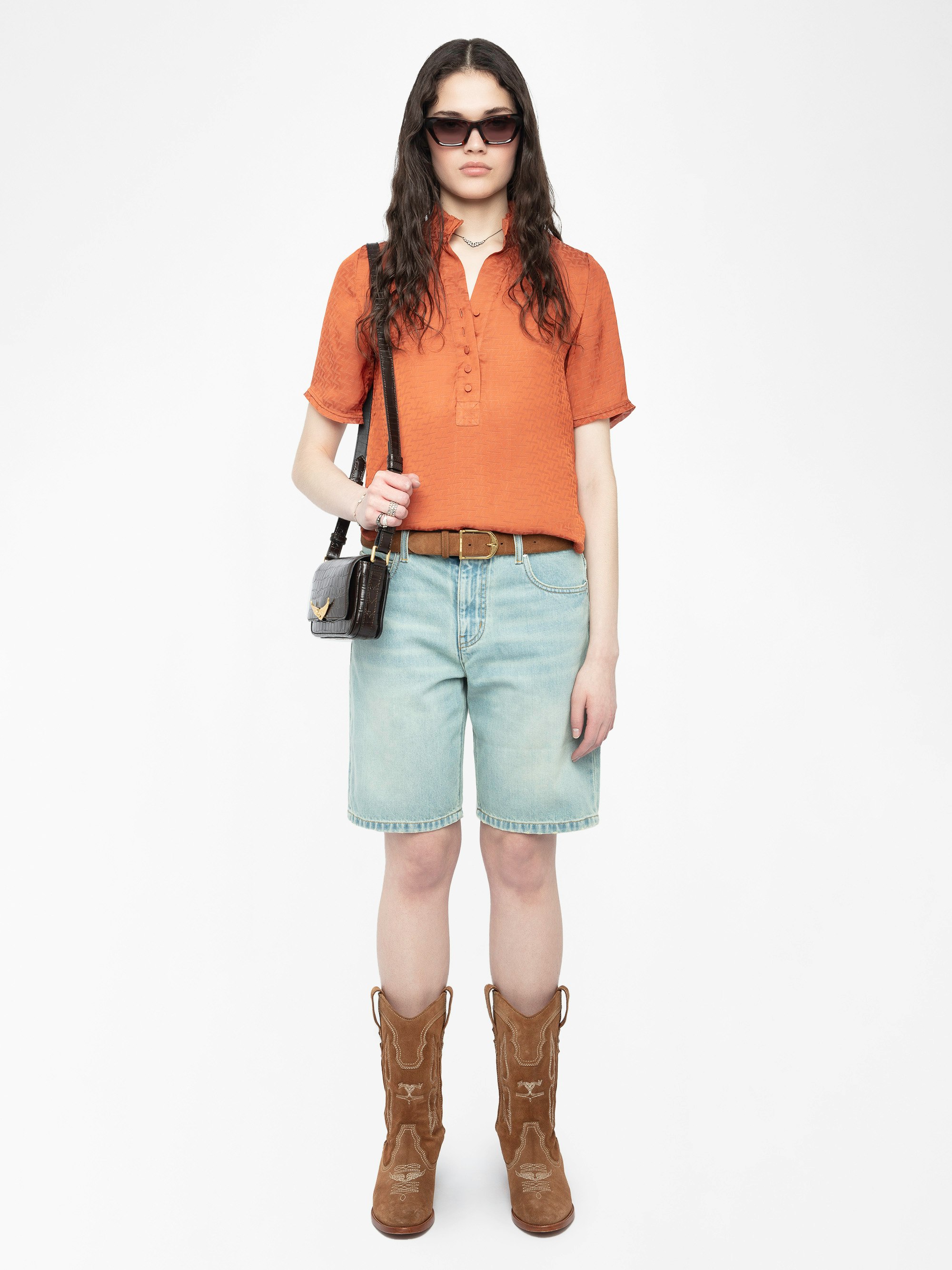 Topher Satin Top - ZV jacquard satin top with short sleeves and button fastening.