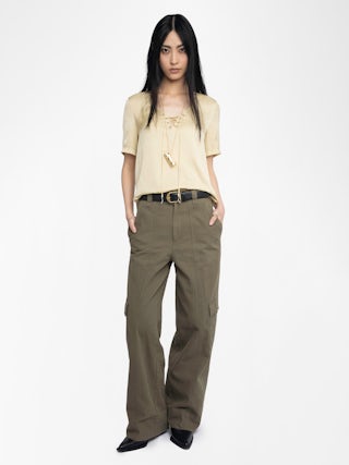 Top Terzo Satin - Top en satin japonais, décolleté lacé avec wings métalliques et manches courtes.