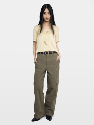 Terzo Satin Top - Top in Japanese satin, laced neckline with metallic wings and short sleeves.