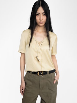 Top Terzo Satin - Top en satin japonais, décolleté lacé avec wings métalliques et manches courtes.