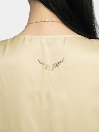 Terzo Satin Top - Top in Japanese satin, laced neckline with metallic wings and short sleeves.