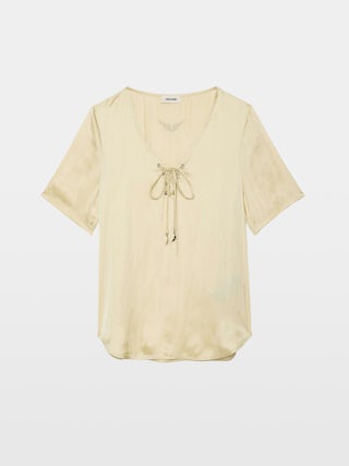 Terzo Satin Top - Top in Japanese satin, laced neckline with metallic wings and short sleeves.