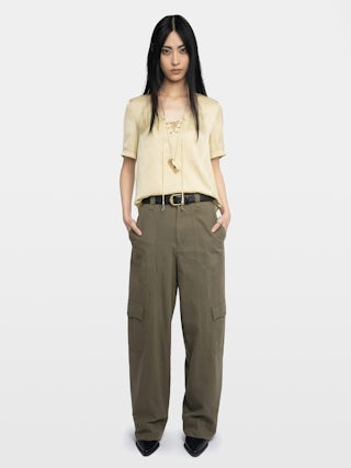 Terzo Satin Top - Top in Japanese satin, laced neckline with metallic wings and short sleeves.