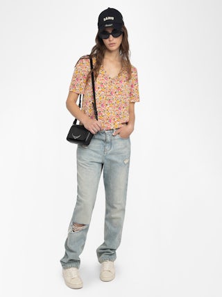 Top Terzo - Top en viscose imprimée, décolleté lacé avec wings métalliques et manches courtes.