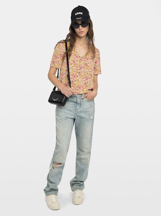 Terzo Top - Printed viscose top with laced neckline, metal wings and short sleeves.