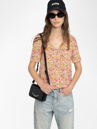 Top Terzo - Top en viscose imprimée, décolleté lacé avec wings métalliques et manches courtes.