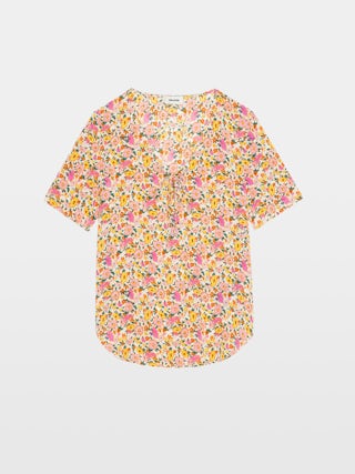 Terzo Top - Printed viscose top with laced neckline, metal wings and short sleeves.