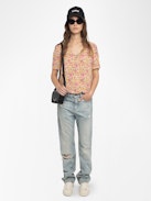 Terzo Top - Printed viscose top with laced neckline, metal wings and short sleeves.