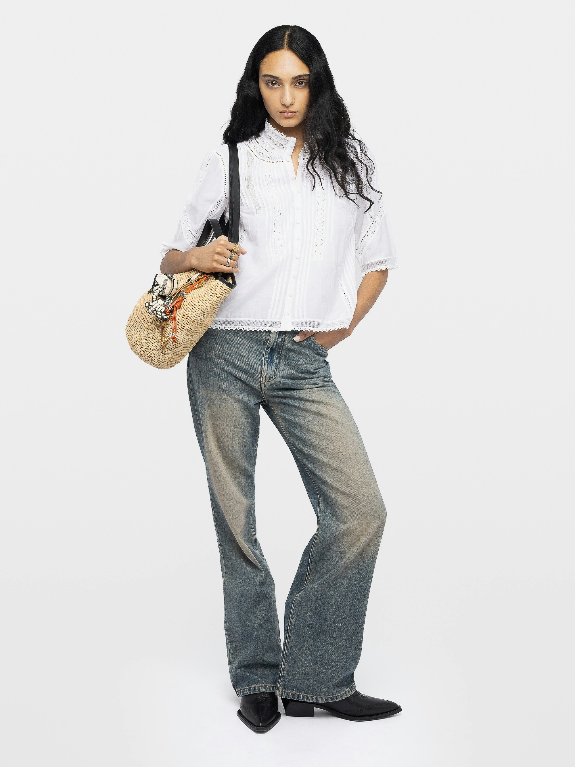 Tanos Tomboy Top - White short sleeved top with lace embroidery.