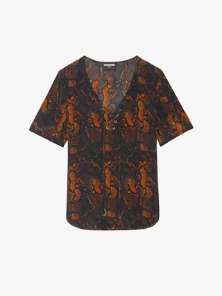 Terzo Top 100% Silk - Printed silk top, laced V-neckline with metallic wings and short sleeves.