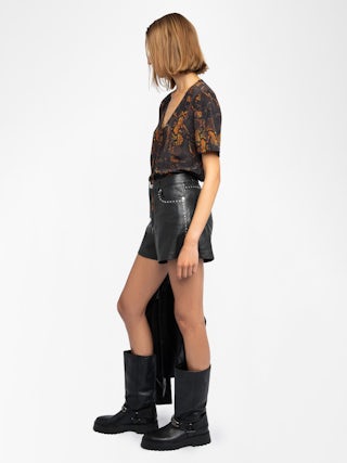 Terzo Top 100% Silk - Printed silk top, laced V-neckline with metallic wings and short sleeves.