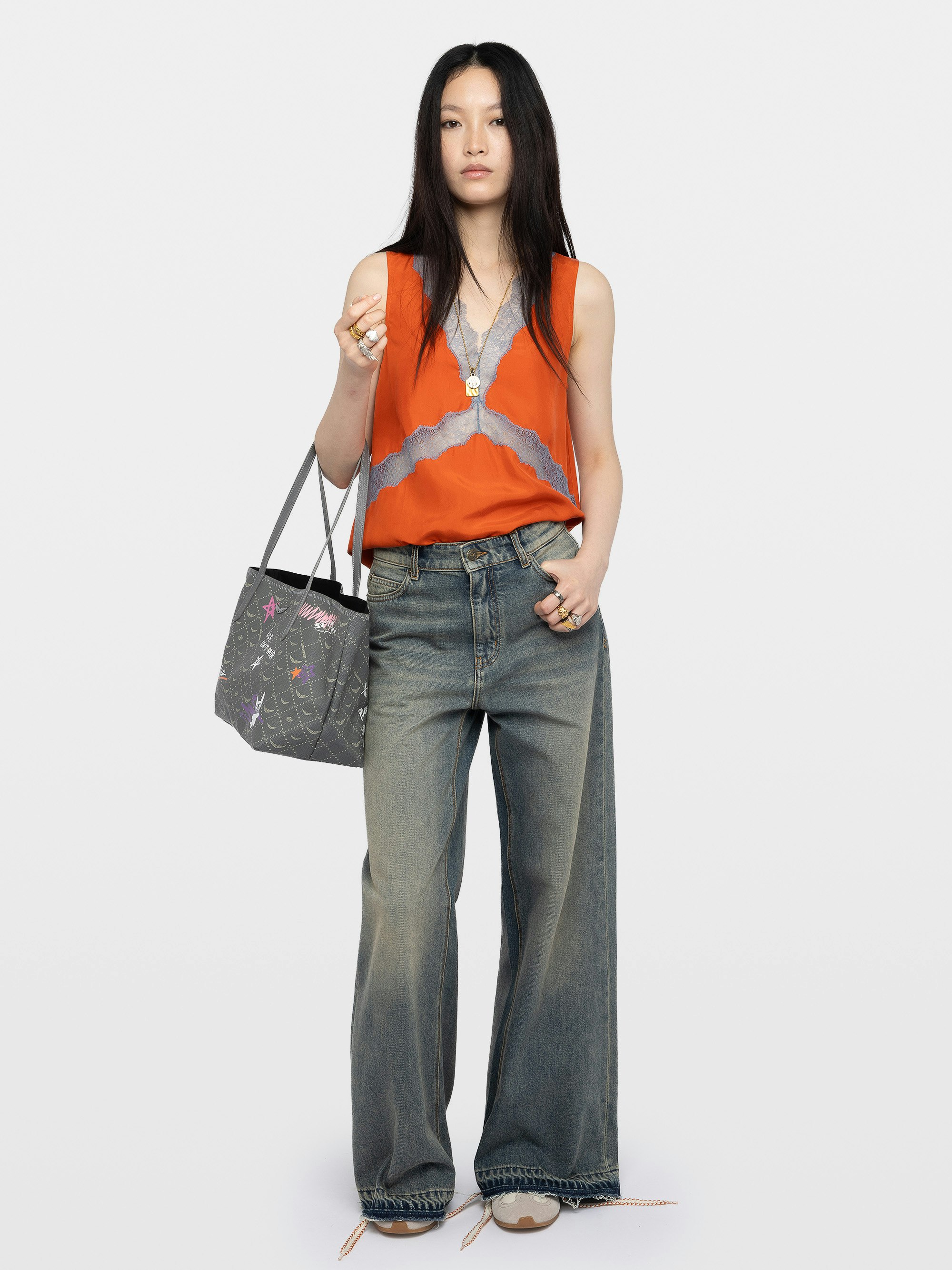 Camisole Tasao 100% Silk - Habutai silk lingerie top with lace and embroidered wings at the back.