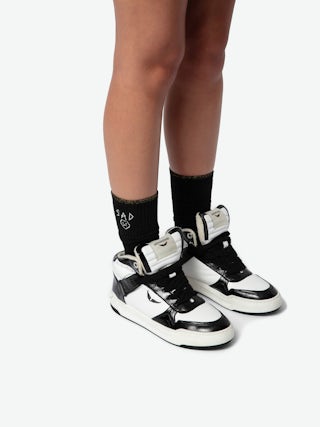 High Wings Trainers - High-top trainers in smooth white leather, with black vintage leather inserts and signature wings. These trainers are made with materials that have a reduced environmental impact.