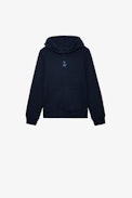 Sudadera Sanchi Niño - Sudadera con capucha azul marino de felpa de algodón con logo ZV y estampado para niño.