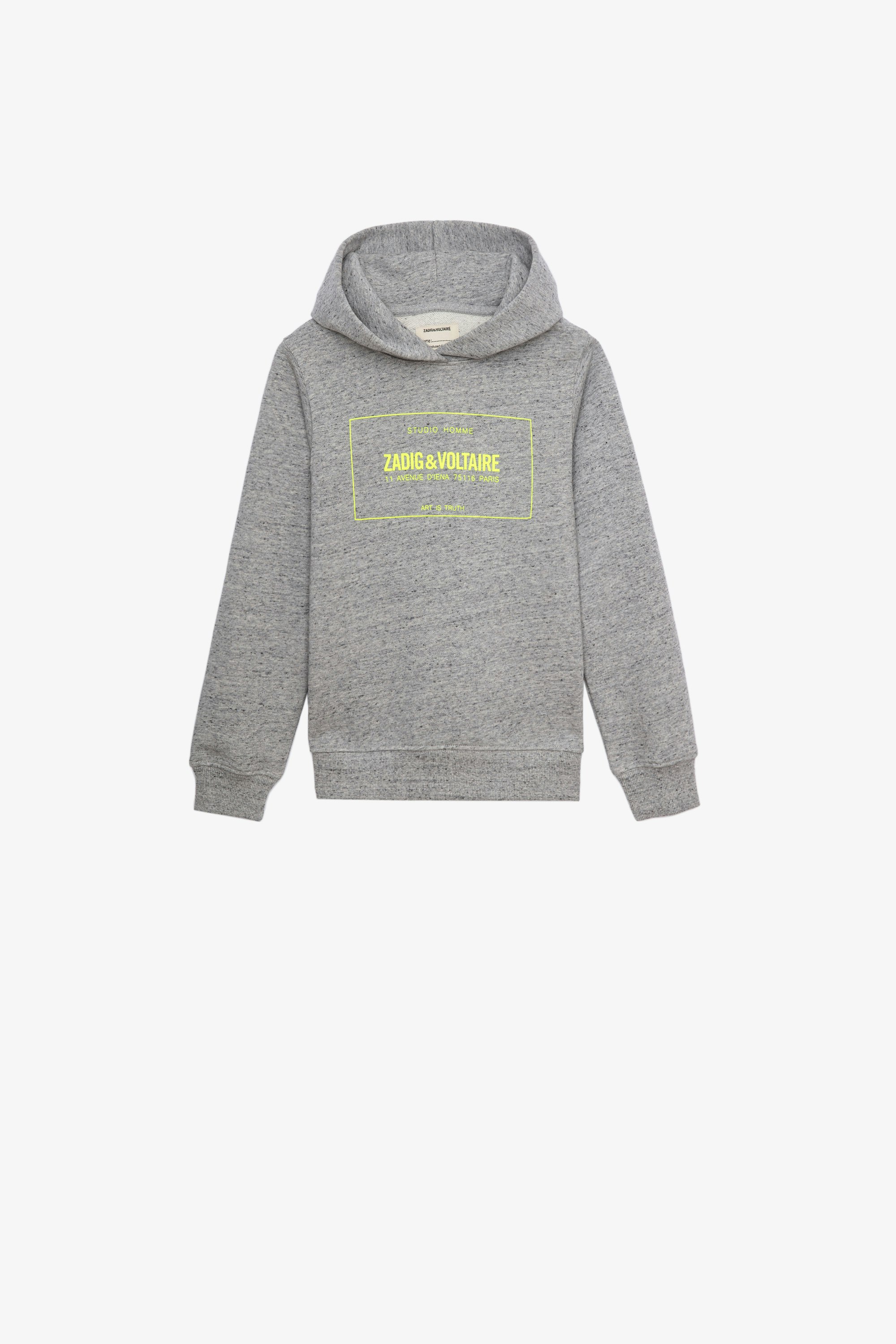 Alvin Children’s Sweatshirt Children’s grey cotton hoodie with contrasting yellow print 