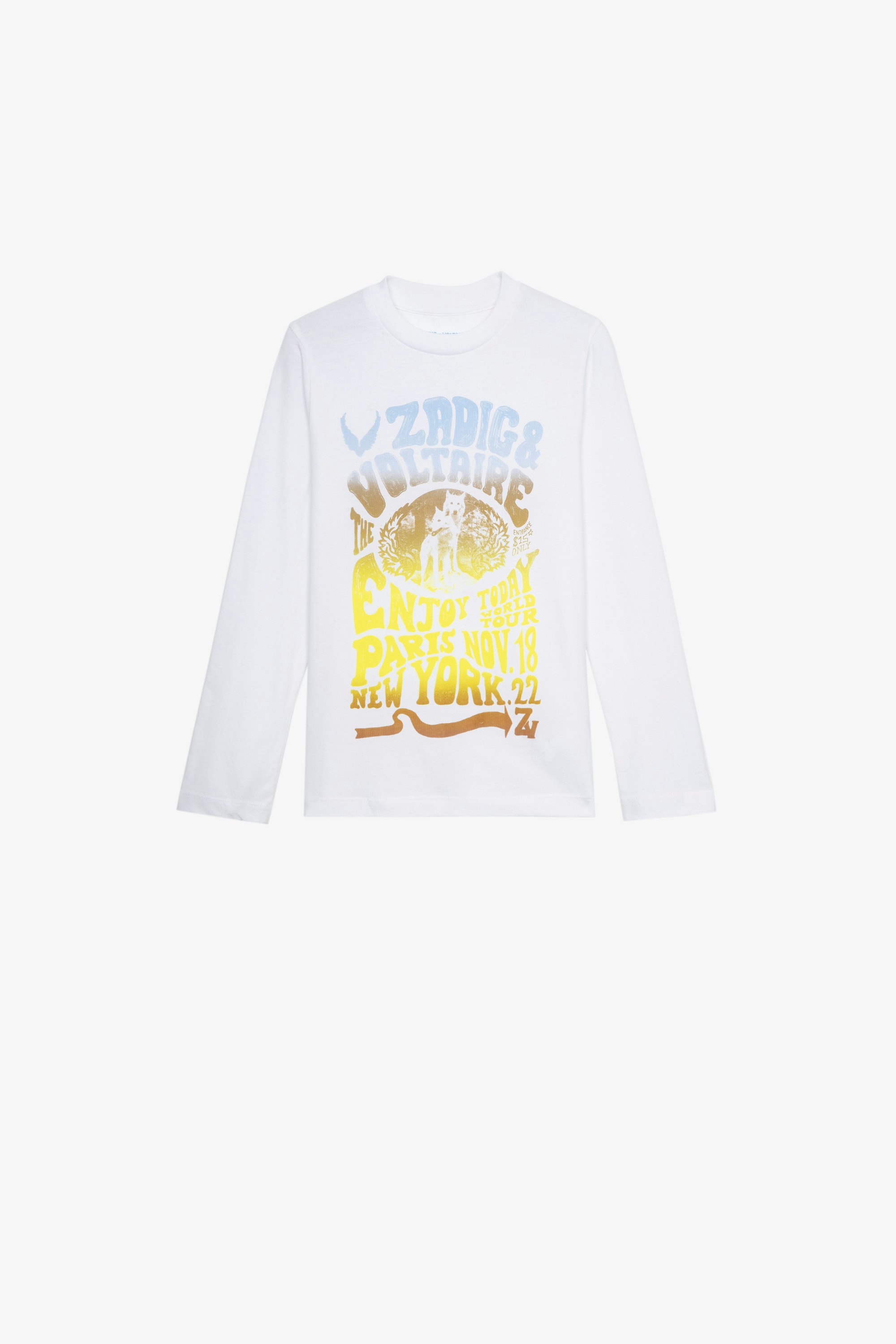 Kita Children’s Ｔシャツ Children’s white cotton long-sleeve T-shirt with signature print 