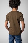 Boxer Children’s T-Shirt - Children’s khaki cotton short-sleeve Henley T-shirt with insignia print
