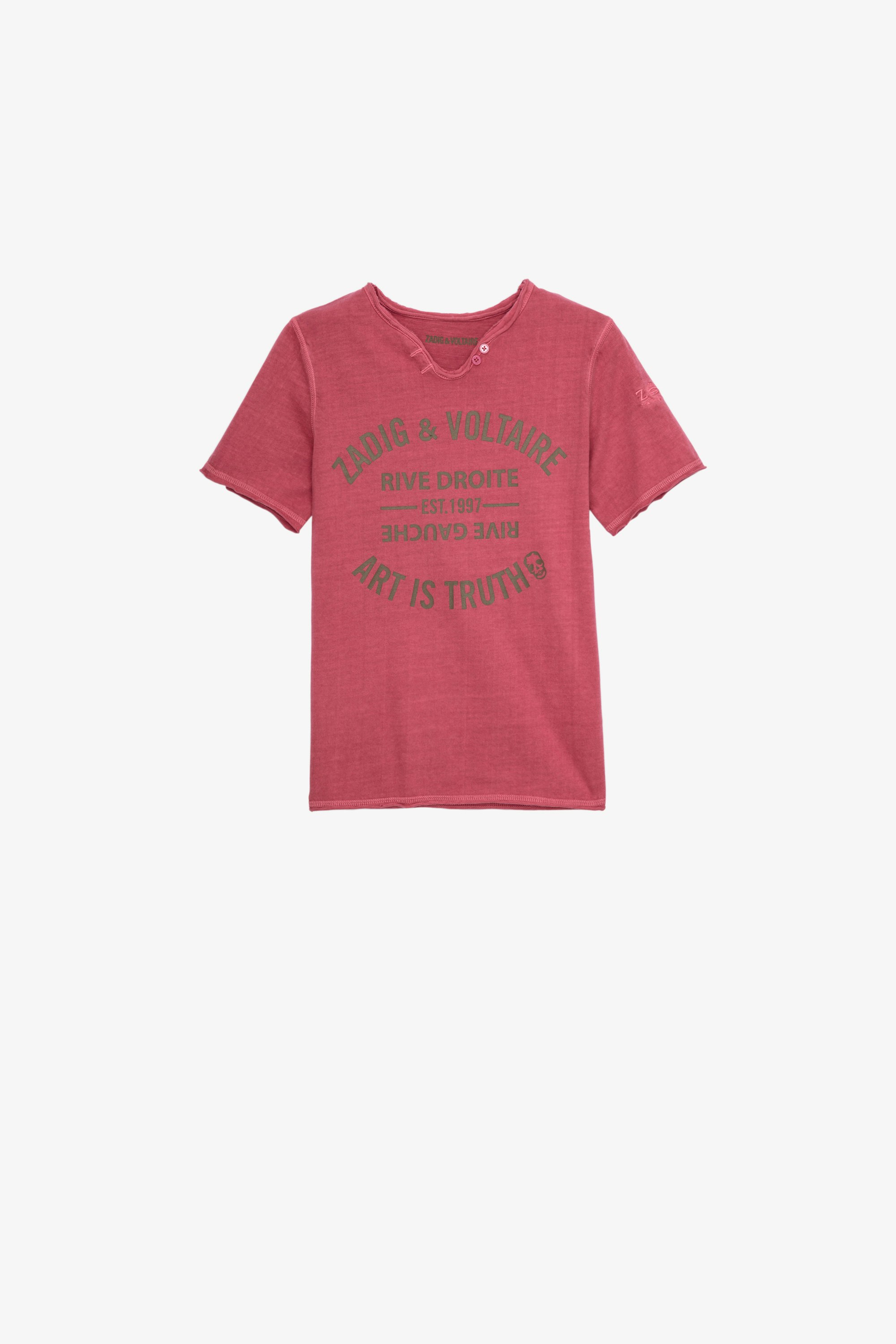 Kinder-T-Shirt Boxer Kinder-T-Shirt mit kurzen Ärmeln und Henley-Ausschnitt aus rosafarbener Baumwolle mit Wappenprint 