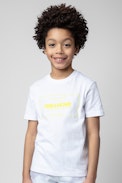 Kita Kids' T-shirt - White cotton short-sleeve T-shirt with yellow illustrations on the front and back