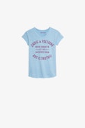 Boxo Children’s T-shirt - Children’s sky blue cotton short-sleeve Henley T-shirt with insignia print