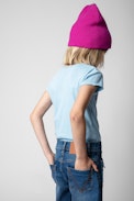 Boxo Children’s T-shirt - Children’s sky blue cotton short-sleeve Henley T-shirt with insignia print