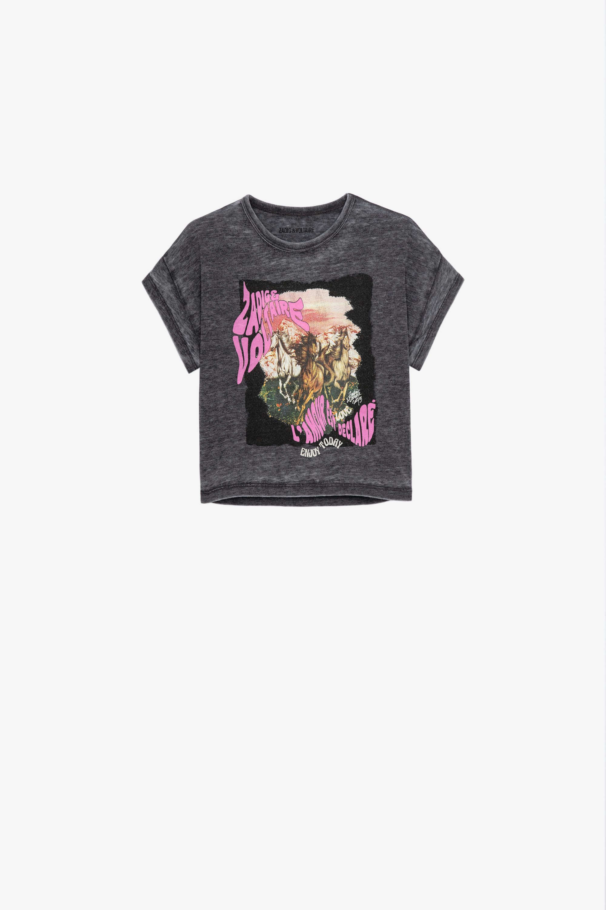 Camiseta Chloe Infantil  Camiseta gris de manga corta infantil con estampado de caballos 