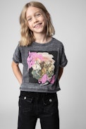 Chloe Children’s T-shirt - Children’s grey short-sleeve T-shirt with horse print