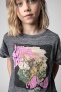 Chloe Children’s T-shirt - Children’s grey short-sleeve T-shirt with horse print