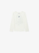Girls' Boxo T-shirt - Girls' ecru organic cotton jersey Henley T-shirt with floral print and embroidery on the sleeve.