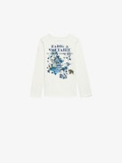 Girls' Boxo T-shirt - Girls' ecru organic cotton jersey Henley T-shirt with floral print and embroidery on the sleeve.