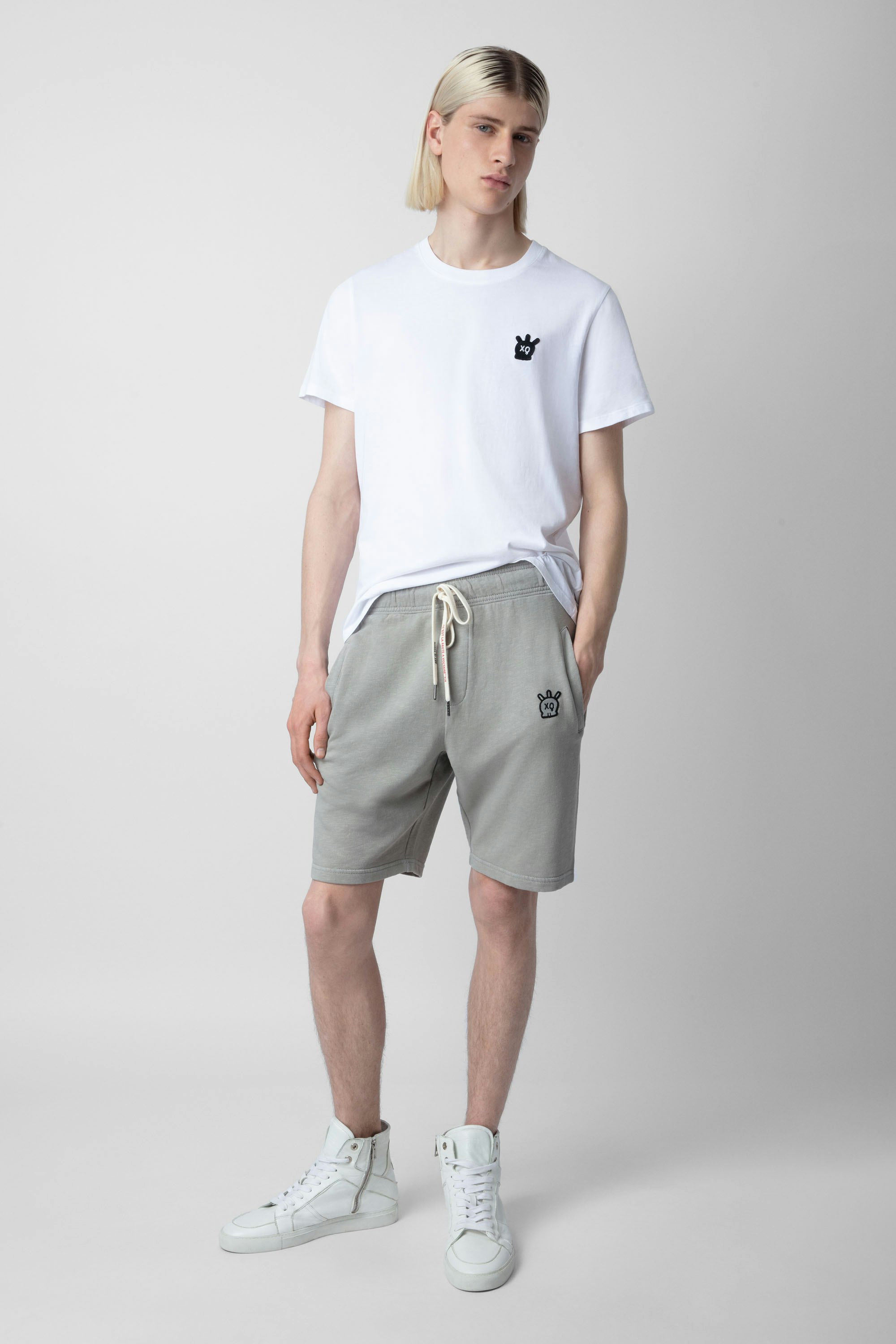 Party Skull Shorts - Men’s light grey cotton fleece shorts featuring a Skull XO patch.