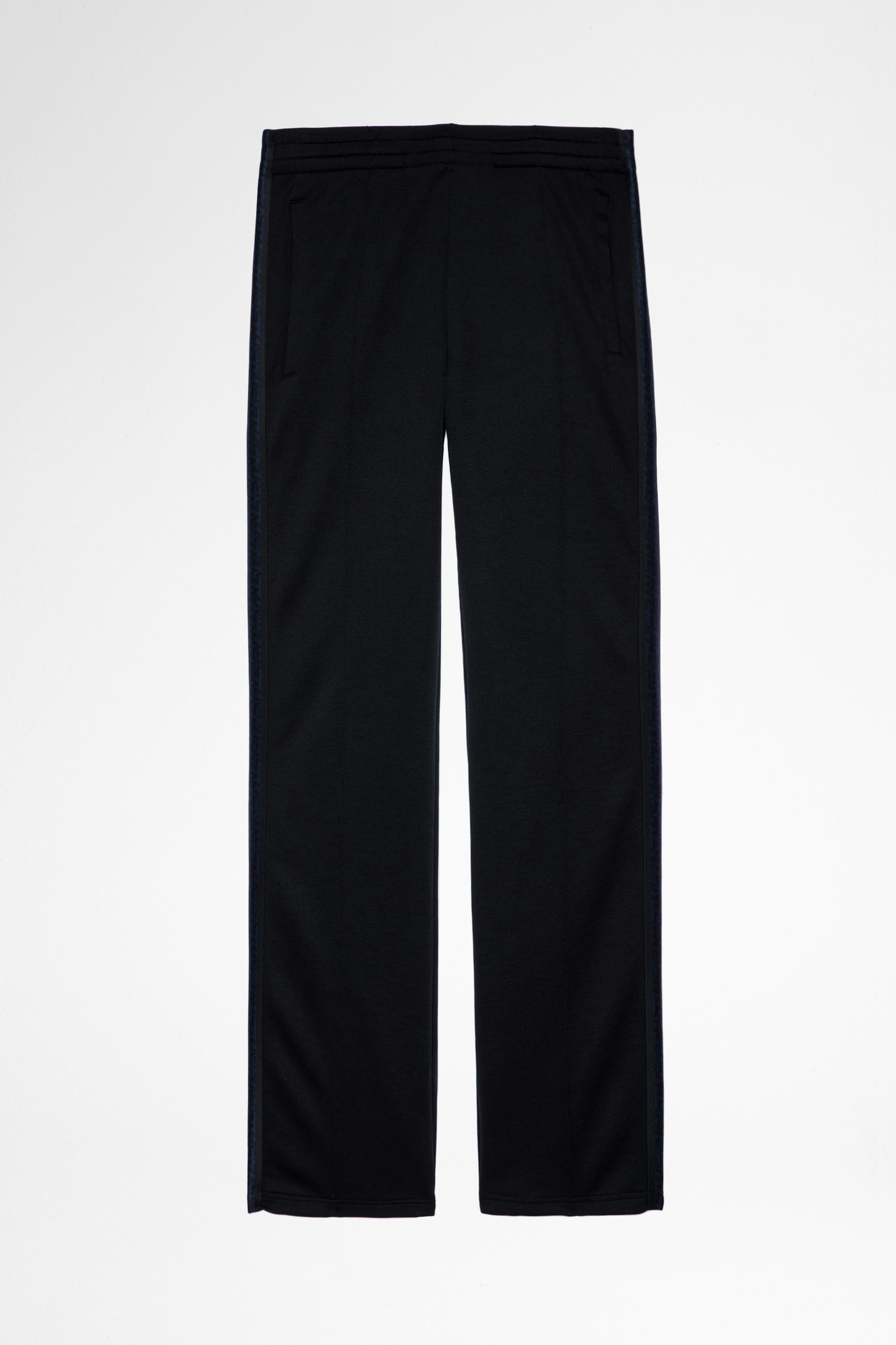 Pantalón Chillyn Pantalón de hombre acampanado negro con bandas laterales. Confeccionado con fibras procedentes de la agricultura ecológica.