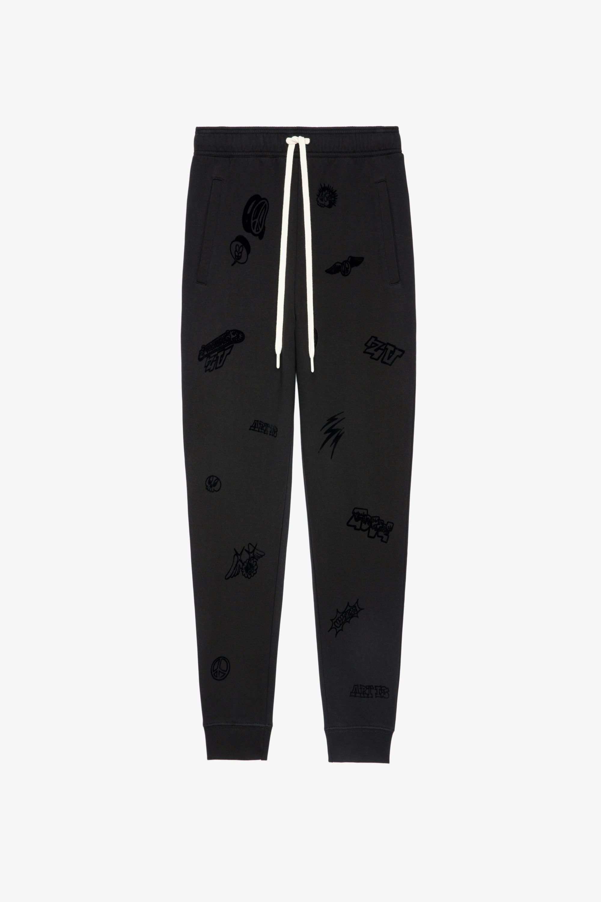 Pantaloni Capri Pantaloni da jogging felpati in cotone nero con motivi floccati - Uomo