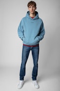 Sudadera Sanchi Photoprint - Sudadera de hombre de algodón azul celeste adornada con un estampado fotográfico en la espalda