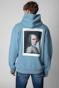 Sudadera Sanchi Photoprint - Sudadera de hombre de algodón azul celeste adornada con un estampado fotográfico en la espalda