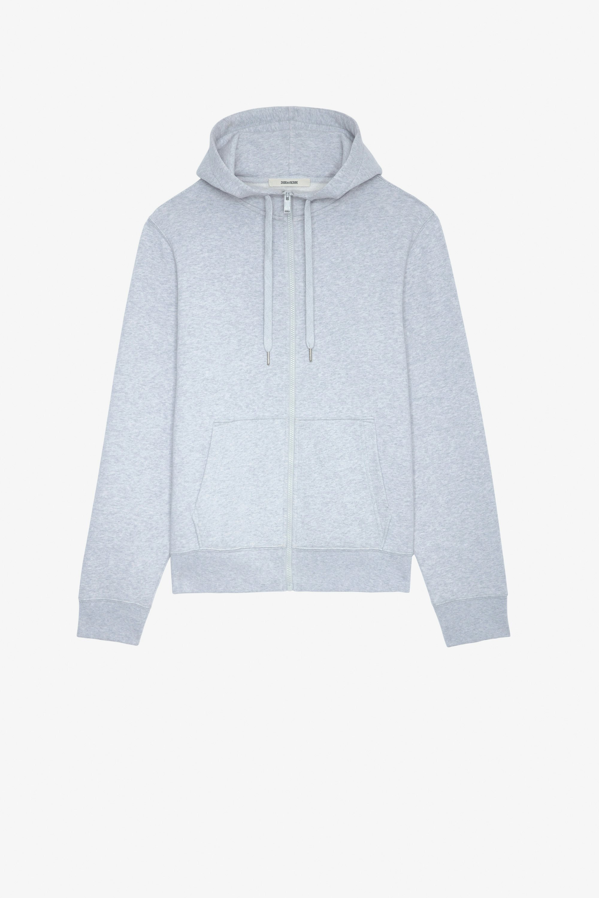 Alex Hoodie Men’s grey zip-up hoodie with arrow decoration on the back.