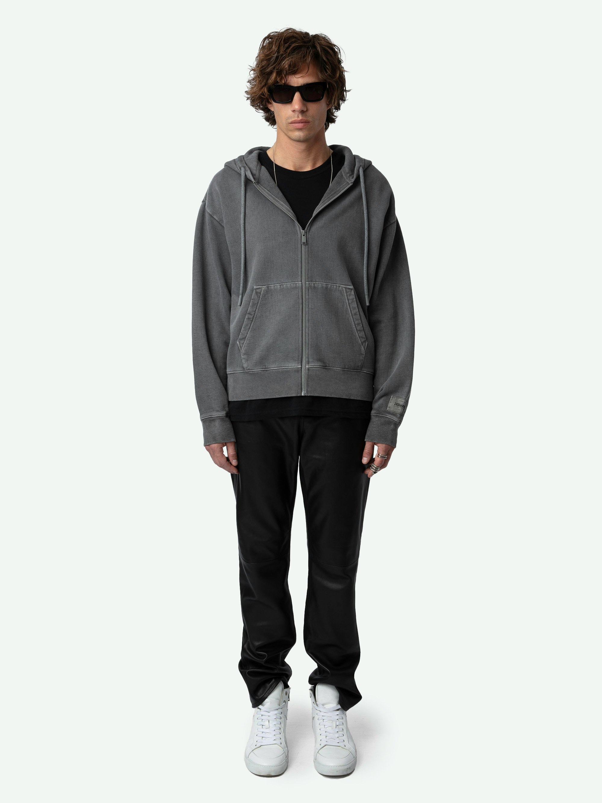 Sacha Sweatshirt - Long-sleeved faded grey organic cotton hooded zip-up sweatshirt with Studio Homme insignia patch.