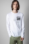 Hector T-Shirt - Men's long-sleeved t-shirt in white cotton with text and photo print