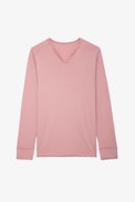 Serafino Monastir - T-shirt da uomo a maniche lunghe in cotone rosa con collo a serafino.