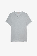 Monastir Henley T-shirt - Men's grey marl cotton Henley T-shirt with short sleeves and wolf motif on the back