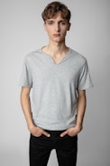 Monastir Henley T-shirt - Men's grey marl cotton Henley T-shirt with short sleeves and wolf motif on the back