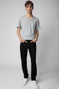 Monastir Henley T-shirt - Men's grey marl cotton Henley T-shirt with short sleeves and wolf motif on the back