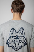 Monastir Henley T-shirt - Men's grey marl cotton Henley T-shirt with short sleeves and wolf motif on the back
