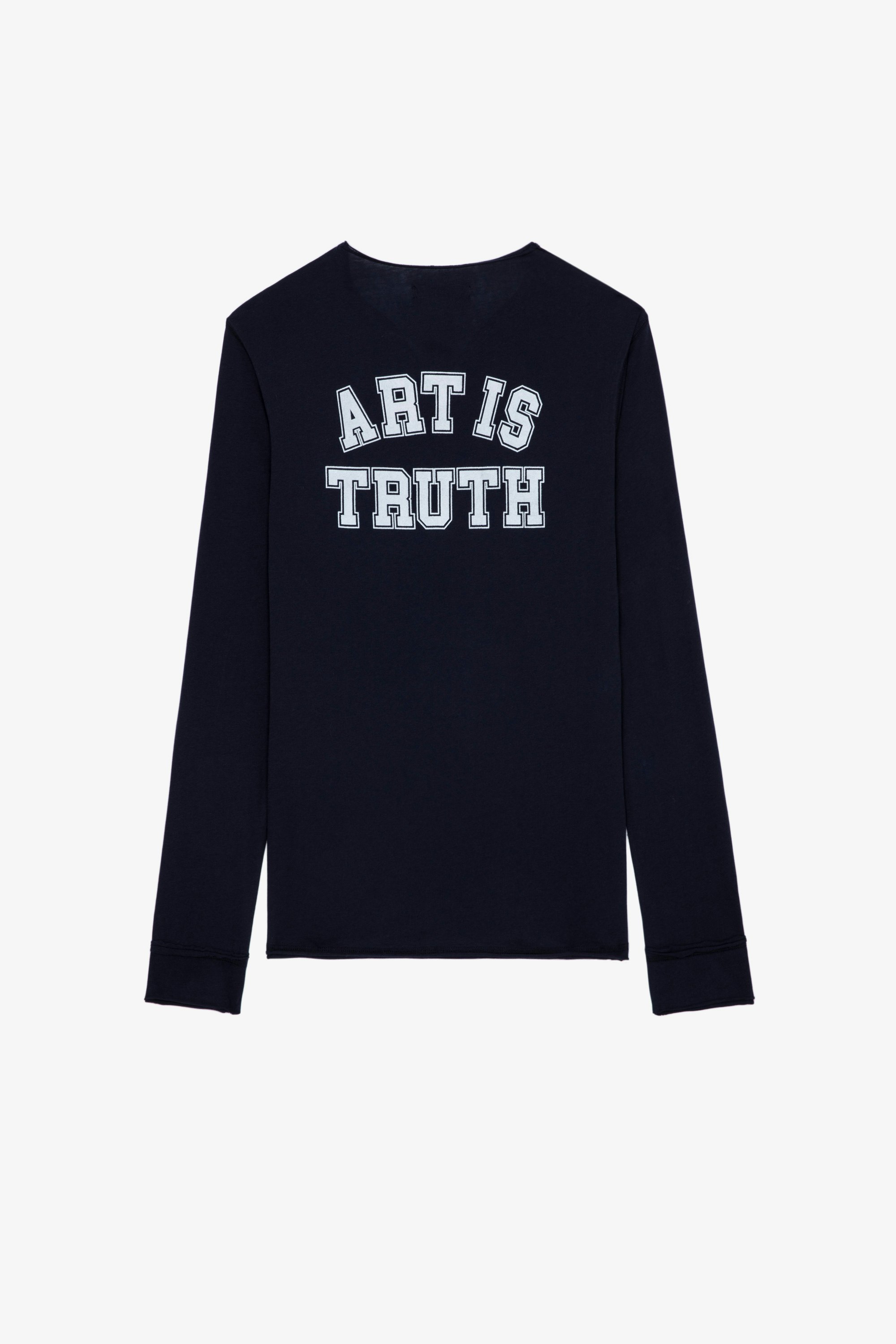 College Monastir Ｔシャツ Men’s navy blue Henley collar T-shirt with ‘Art is truth’ print on back