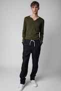 Monastir Henley T-Shirt - Men's khaki cotton T-shirt with long sleeves and wolf print on the back