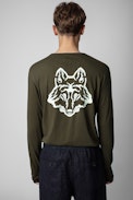 Monastir Henley T-Shirt - Men's khaki cotton T-shirt with long sleeves and wolf print on the back