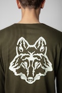 Monastir Henley T-Shirt - Men's khaki cotton T-shirt with long sleeves and wolf print on the back