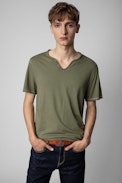 Monastir T-shirt - Men’s khaki cotton short-sleeved T-shirt with Henley collar