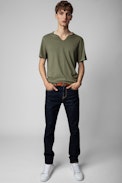 Monastir T-shirt - Men’s khaki cotton short-sleeved T-shirt with Henley collar